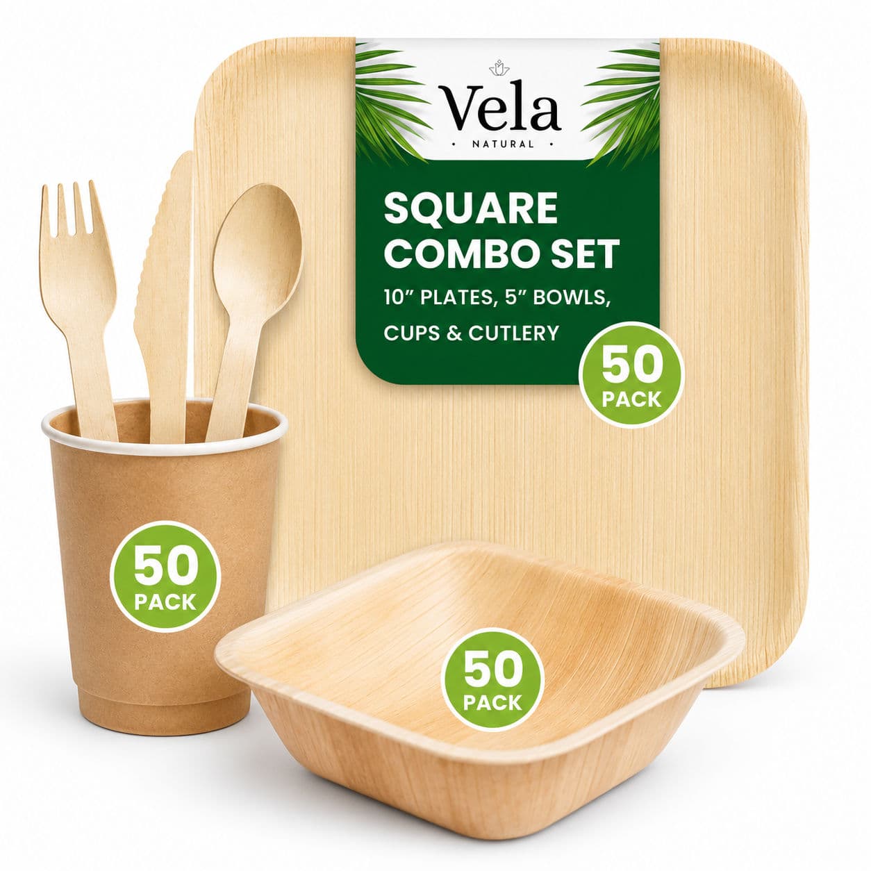 Disposable Palm Leaf Plates, Bowls, Cups and Wooden Cutlery Set alternate image