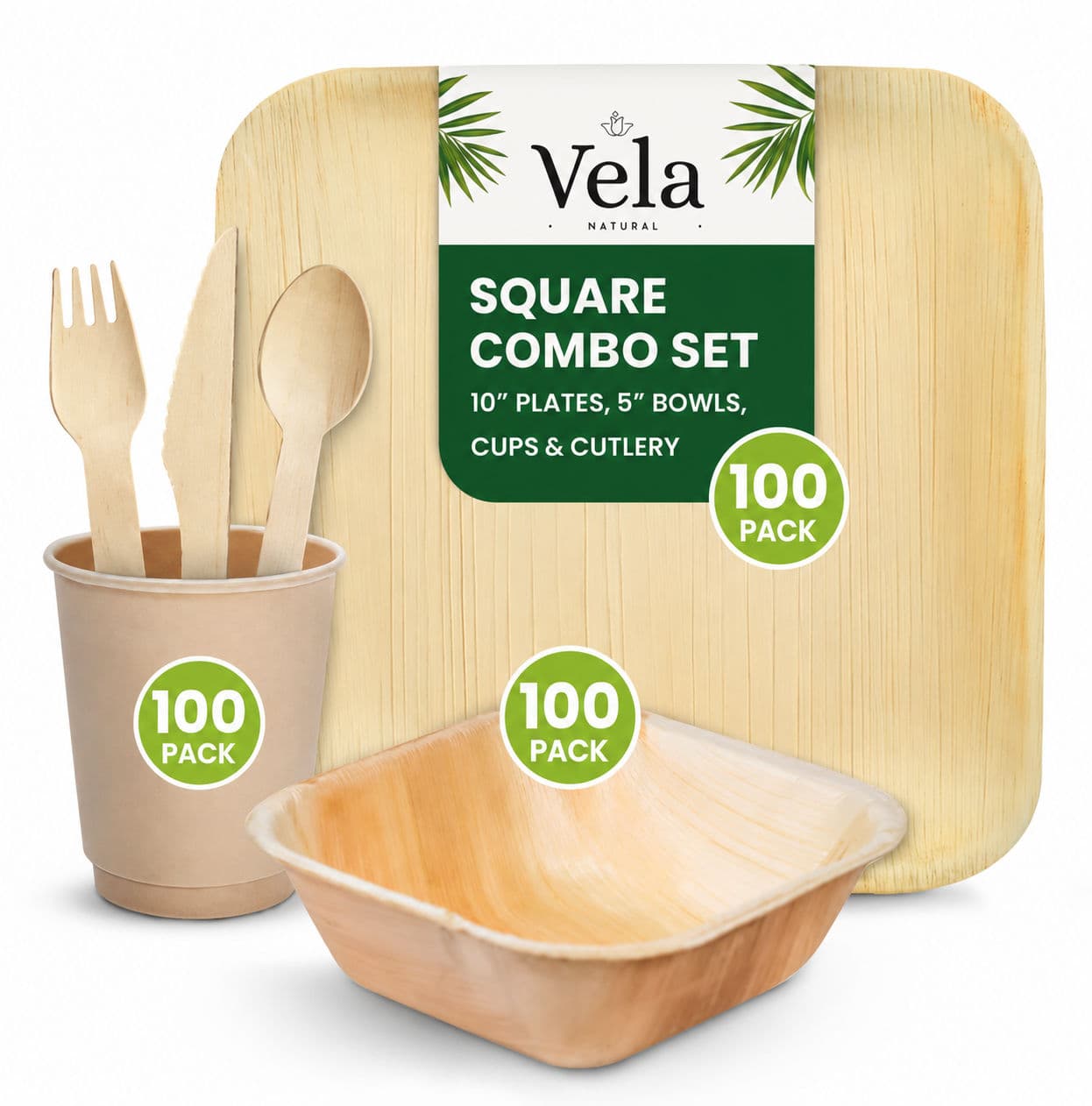 Disposable Palm Leaf Plates, Bowls, Cups and Wooden Cutlery Set alternate image