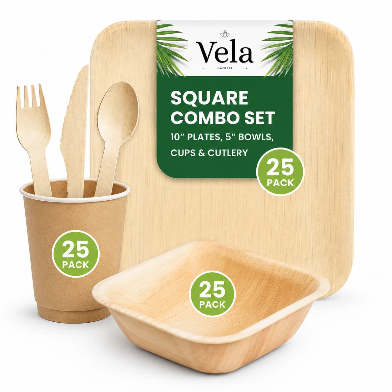 Disposable Palm Leaf Plates, Bowls, Cups and Wooden Cutlery Set