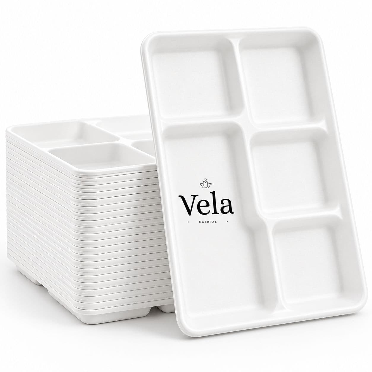 5 Compartment Disposable Plates White - Large 10" x 8"